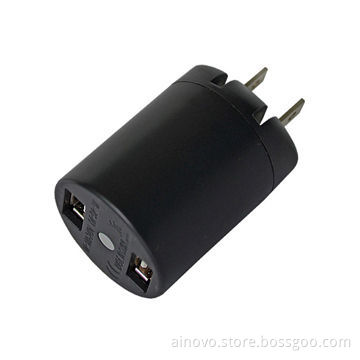 Mobile Phone Travel Charger, 2 USB Port, Portable, 100V-240V AC, 5V DC/1A, Black Color Available